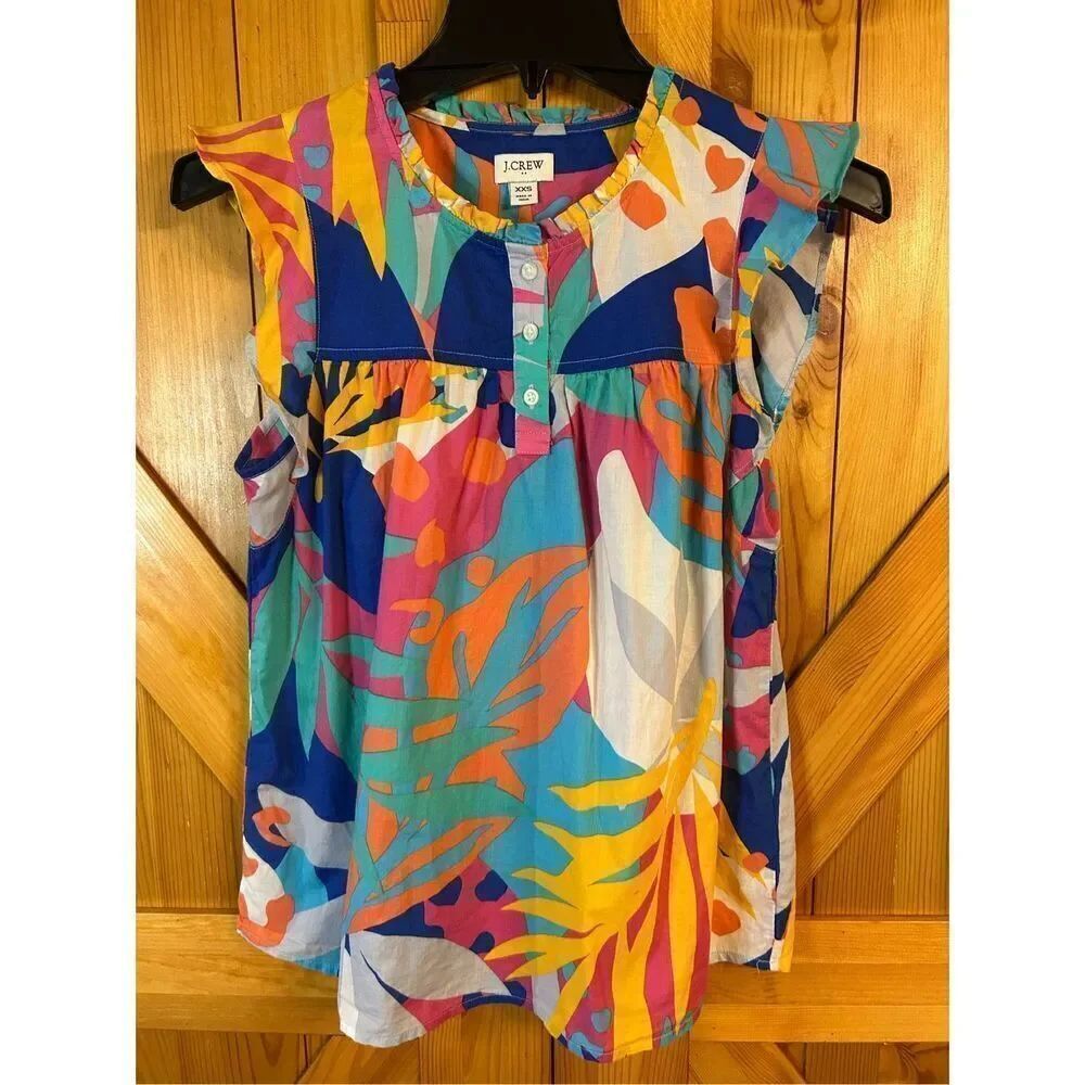 J. Crew Sz XXS Sleeveless Floral Printed Ruffle Top 100% Cotton Popover EUC (83